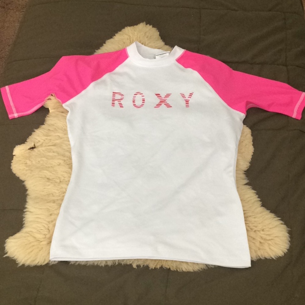 Roxy Swim Rash guard pink white swimsuit swim top sun shirt medium (size 10)